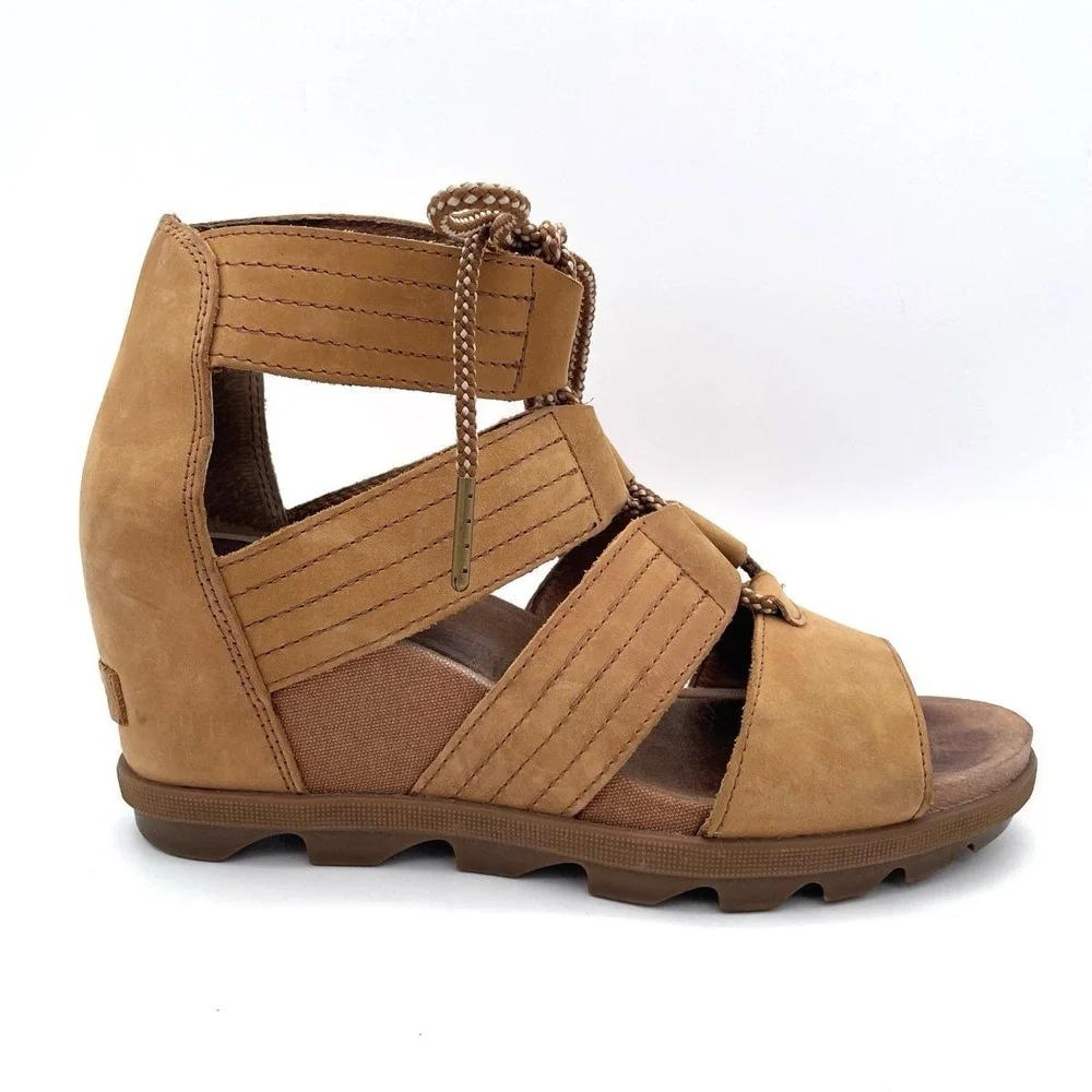 Sorel Joanie Lace Wedge Sandals Womens Size 10 Camel Tan Leather Gladiator